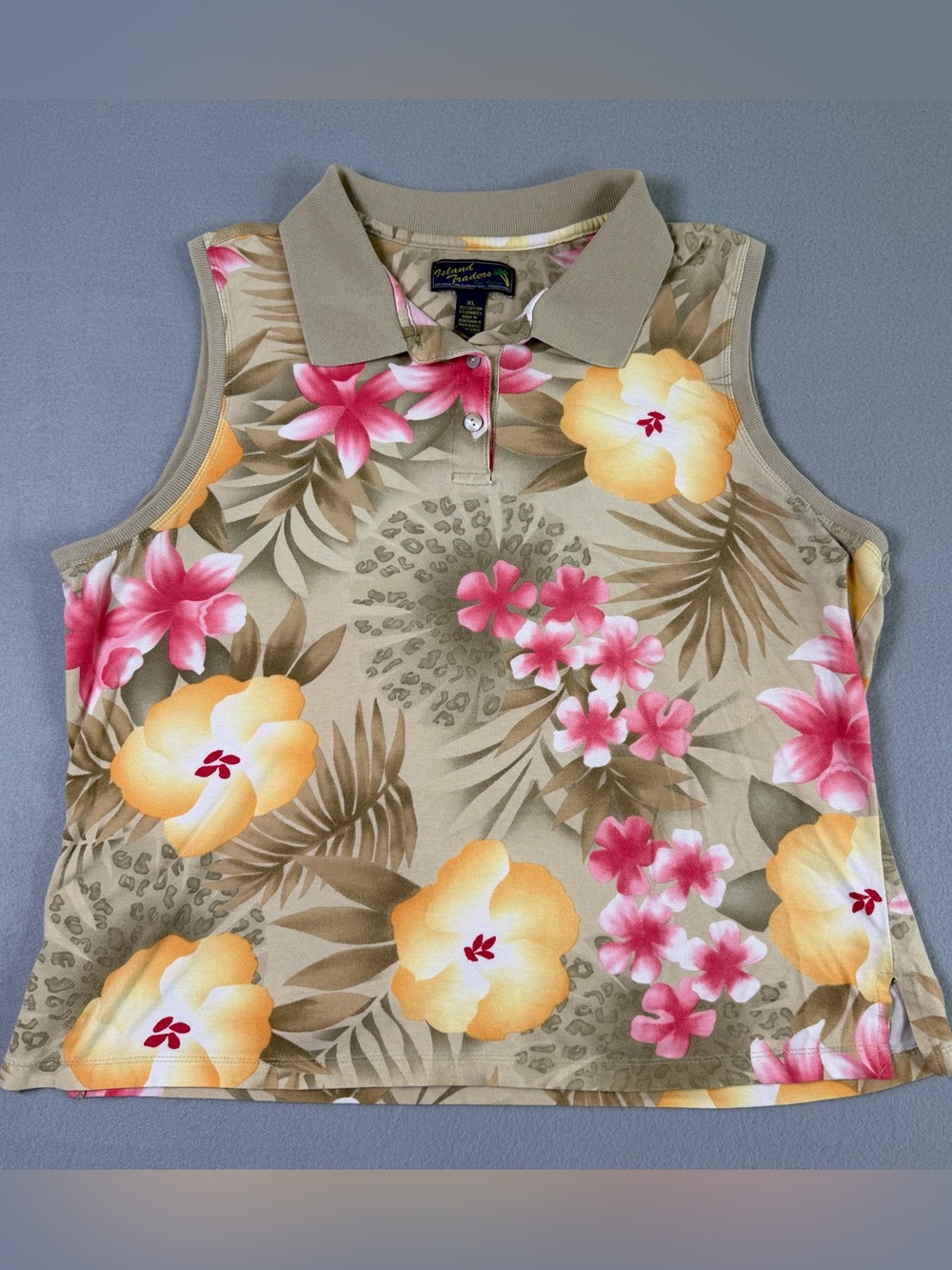 Floral Polo Tank Top in Beige with Yellow & Pink Blooms
